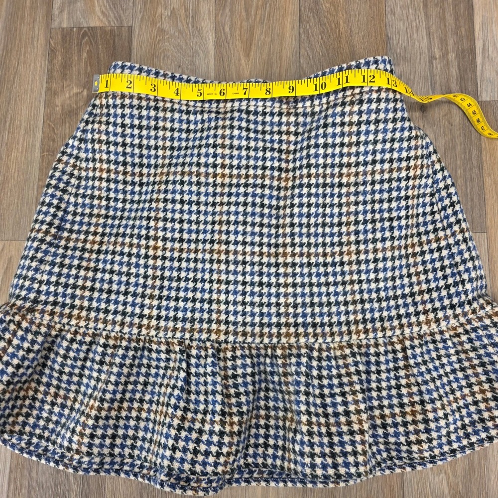 J.Crew Womens 2 Houndstooth Wool Mini Skirt Ruffle Hem Blue Brown Plaid Lined - Picture 8 of 11